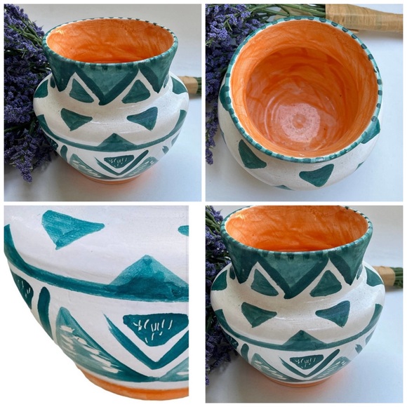 Teal and White Pottery Vase with Geometric Pattern - Picture 12 of 12